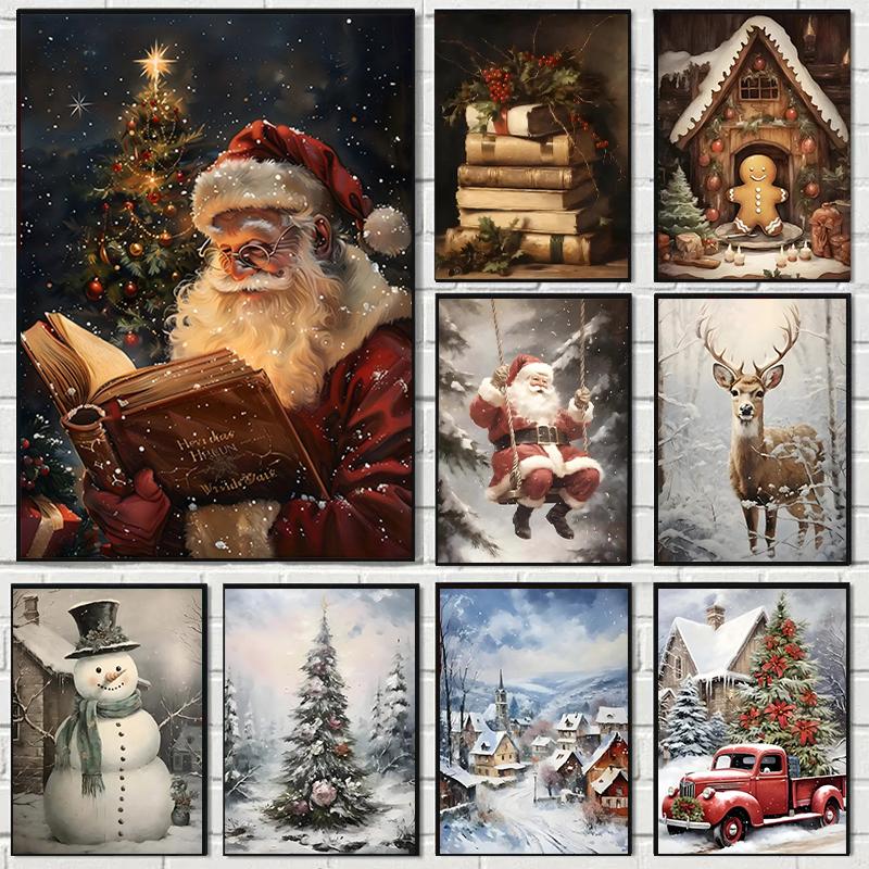 Retro Santa Claus and Reindeer Canvas Print Winter Gingerbread Hut Wall Art Poster Modern Living Room Christmas Home Decor Gifts