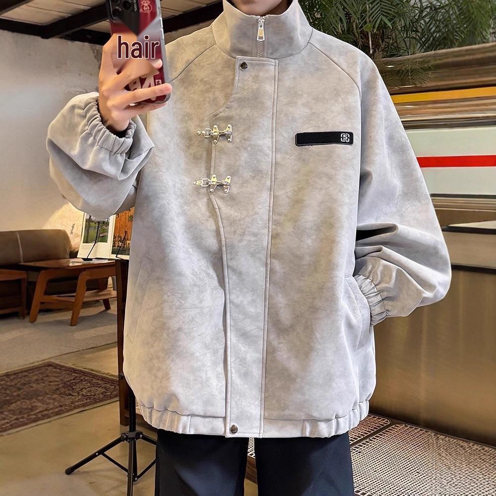 Мужская ретро куртка из ПУ кожи с эффектом тай-дай, металлической пряжкой в виде самолета и воротником-стойкой - Осенняя/Зимняя верхняя одежда