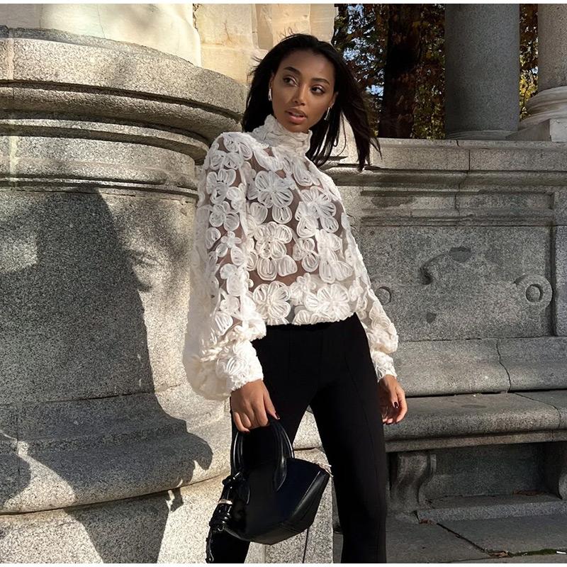 High Neck Stereo Flower Shirt Lace Hollow Out Top Perspective Organza Long Sleeved Trendy French Blouse Smock Women
