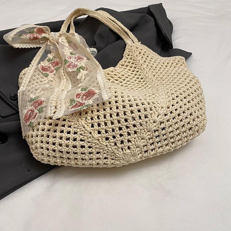 Solid Color Crochet Tote Handbag Summer Beach Scarf Decor Fashion Women's Mesh Woven Shoulder Bags Large Capacity Knitting Underarm Bag CLE