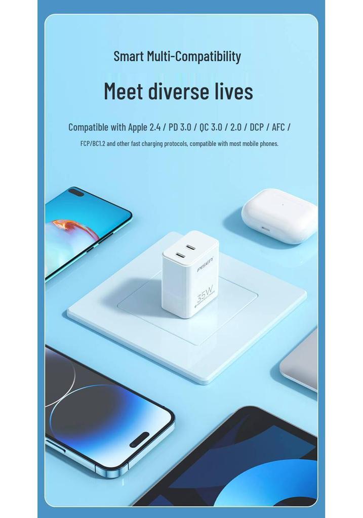 PISEN 35 Вт Двухпортовое Type-C Зарядное устройство для iPhone 16 Pro Max Быстрая зарядка с 15-портовым и 20-портовым наборами для зарядки.