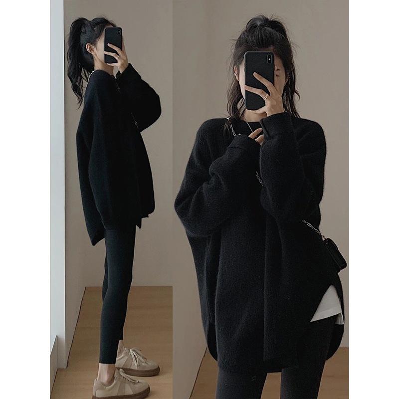 Korean Gentle Women Sweater Autumn and Winter Loose Solid Color Round Neck Mid Long Knit Sweater