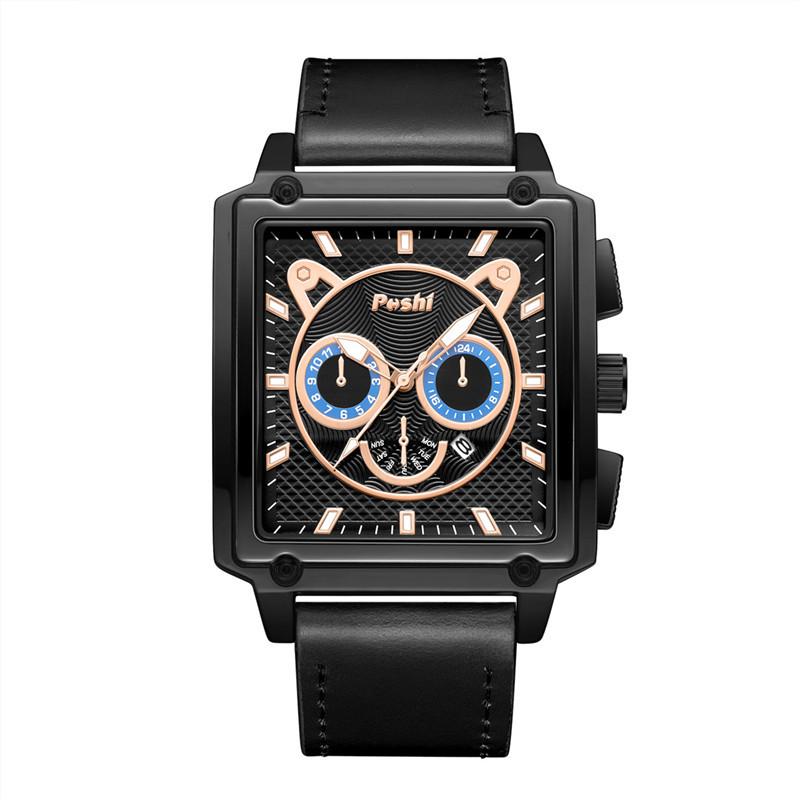 POSHI Square Watch Мужские светящиеся в темноте водонепроницаемые кварцевые часы Многофункциональные кожаные часы с календарем