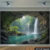 2D planar cave waterfall natural background fabric. Cave view of two waterfalls  emerald pool water  moss-covered rocks.