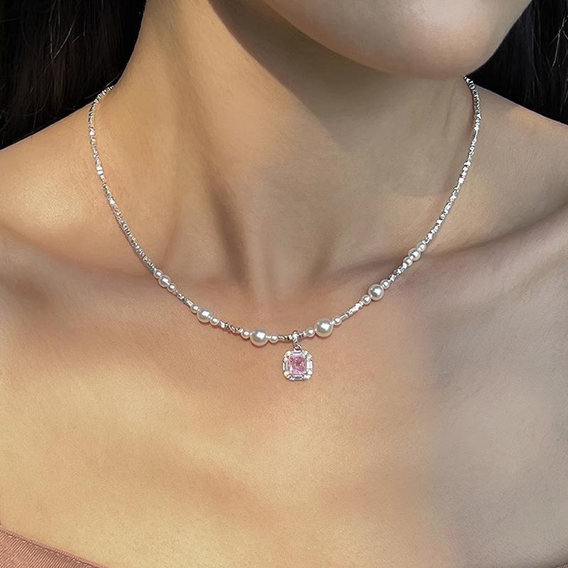 Подвеска из розового циркония, сломанное серебро, жемчужное ожерелье, изысканная женская индивидуальность, модный темперамент, универсальная цепочка на шею, цепочка на ключицу.