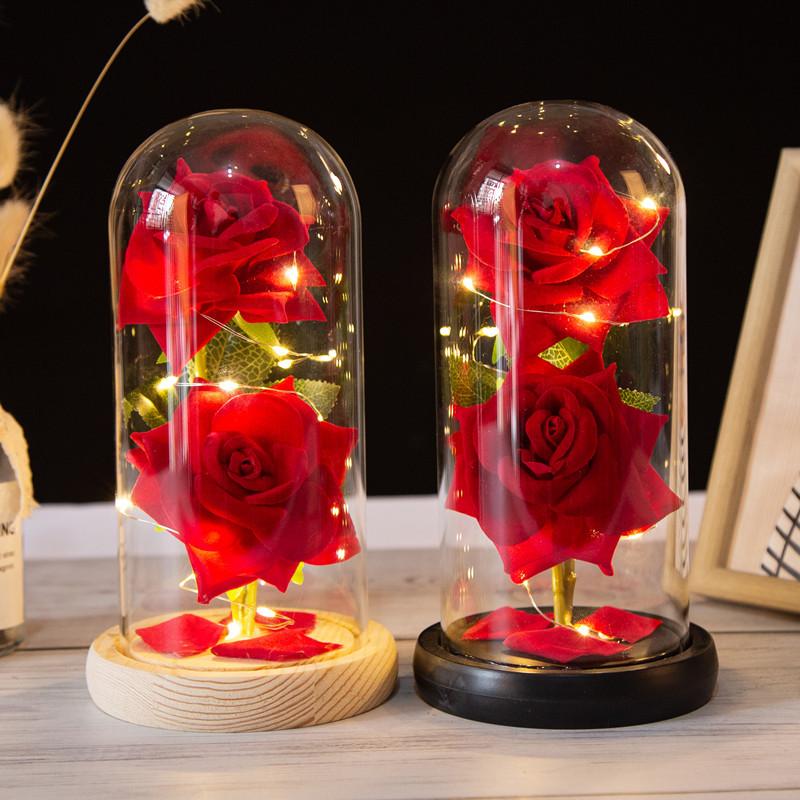 Two glass covers simulated rose ornament creative Mother's Day Valentine's Day gift immortal flower night light