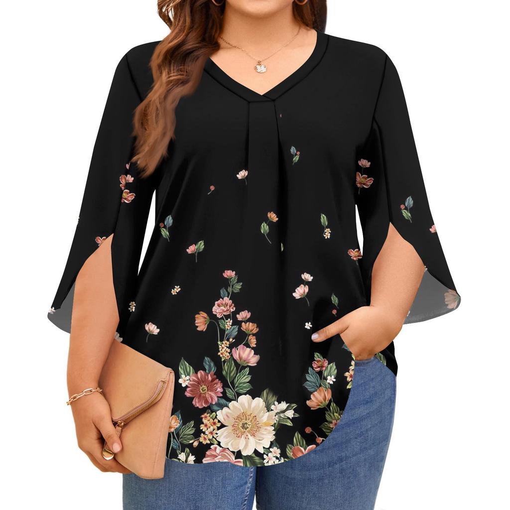 Женские топы с принтом, V-образным вырезом, больших размеров, с рукавами 3/4, элегантные рубашки