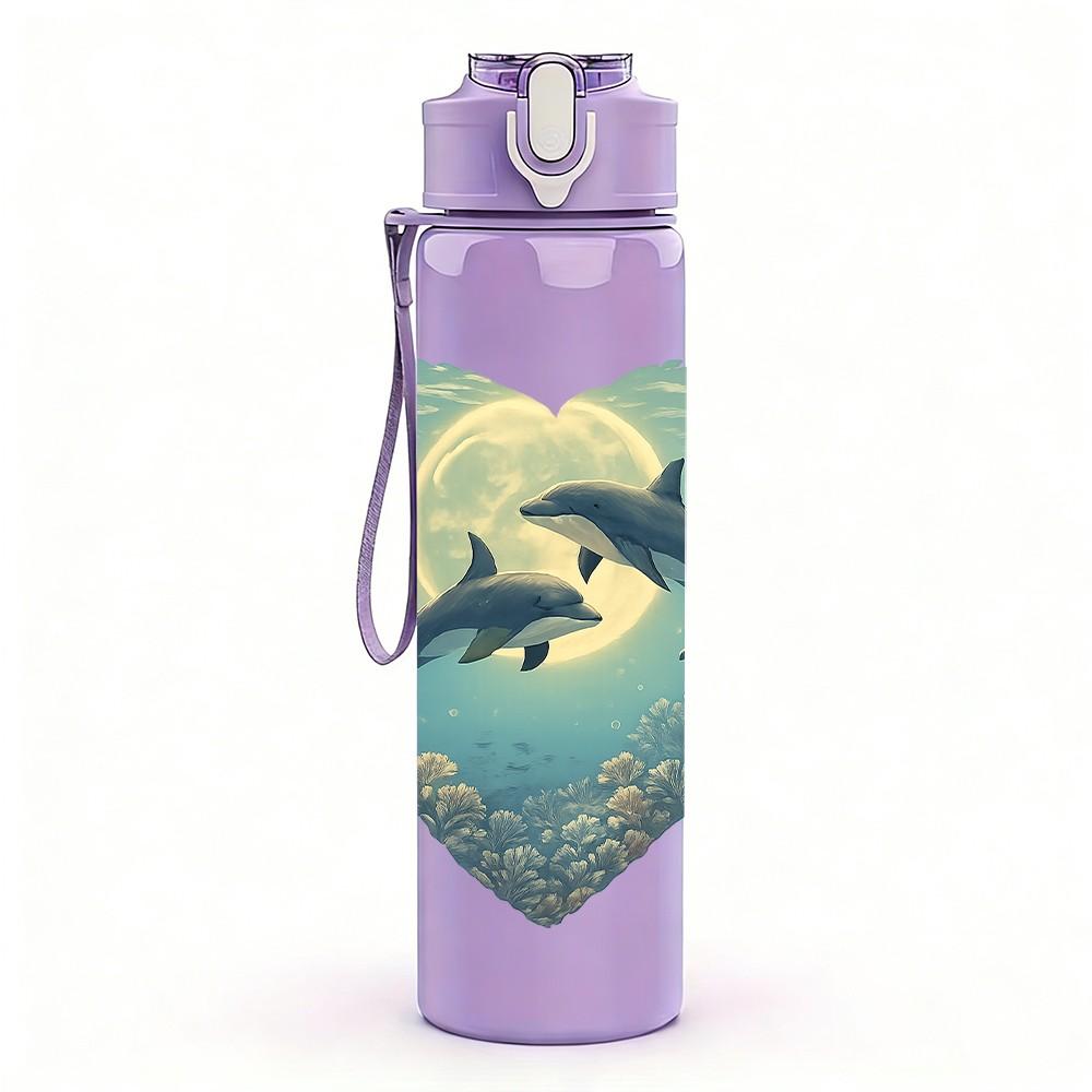 1PC Heart Dolphin Ocean Night Art 750ml Color Plastic Sports Water Bottle Leakproof Flip Straw Lid Suitable for Sports Office Home Use