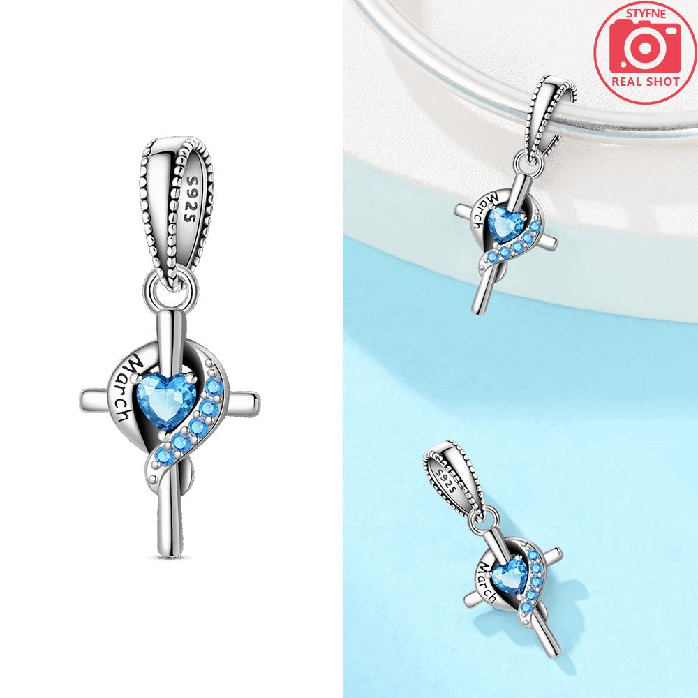 Women Pendant Original Red Zircon Birthstone Blue Gemstone Heart Cross Bead Fit Bracelet Copper Jewelry Accessory Charm Gift