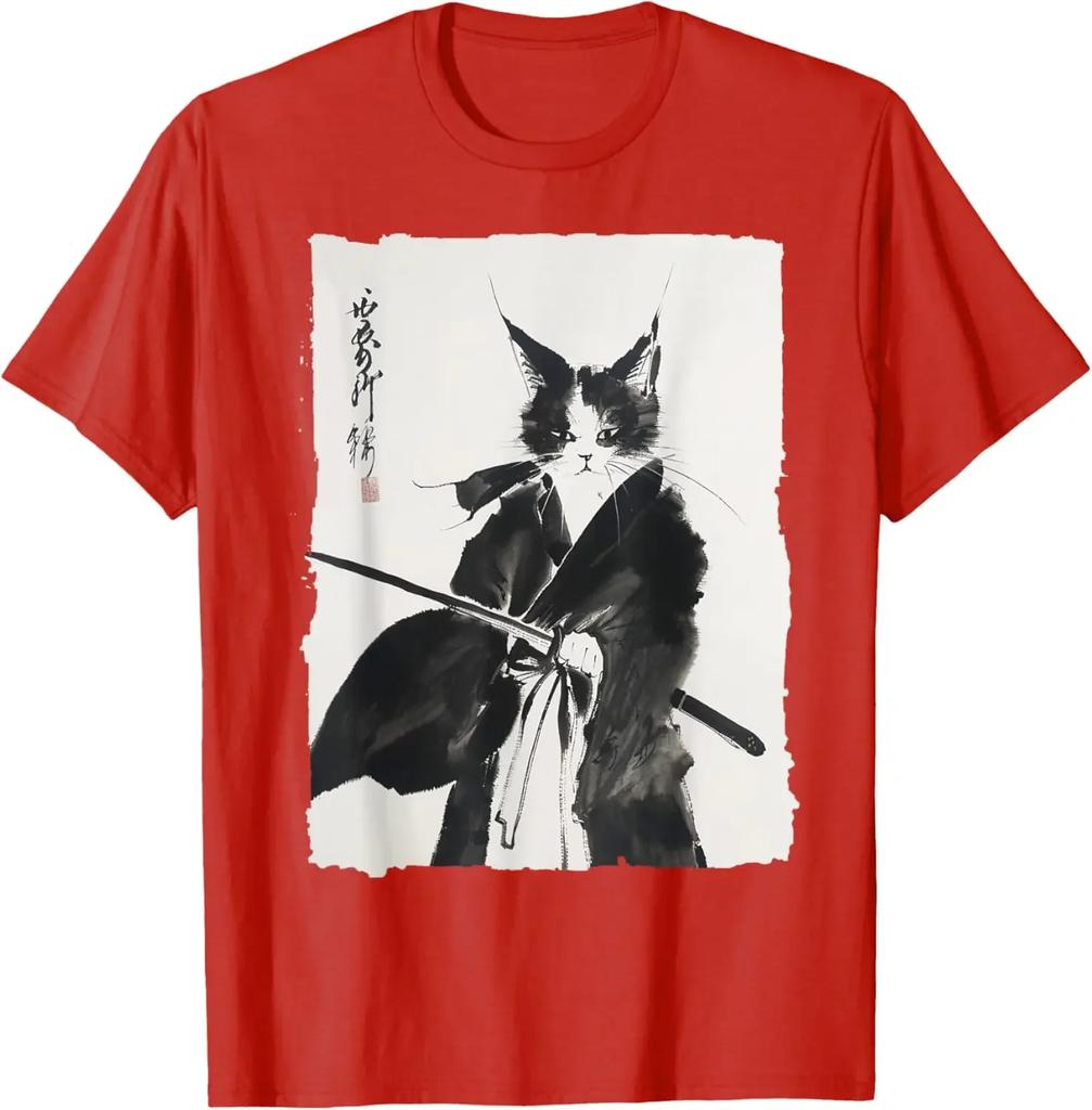 2025 Men's Samurai Cat Art Pattern Harajuku Print 100% Pure Cotton short-sleeved T-shirt Y2k Comfortable Loose top