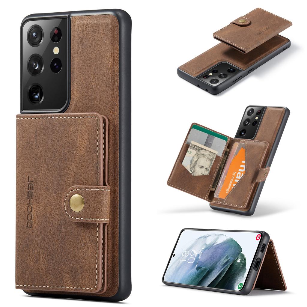 For Samsung Galaxy S21 Ultra 5G Case JEEHOOD J01 Retro Leather Phone Back Cover with Detachable Magnetic Card Holder