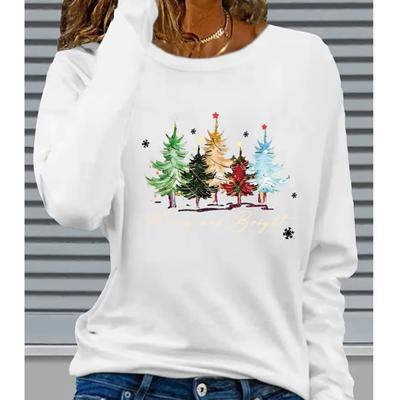 2025 Осень и Зима Женский Новый Повседневный Топ с Круглым Вырезом и Длинным Рукавом с 3D Рождественским Узором