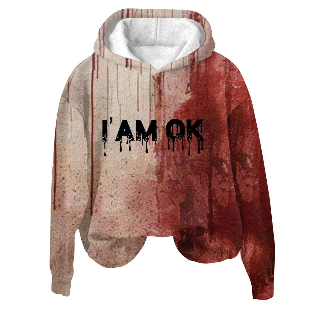 Women's 3D Bloody Letters Printed Long Sleeved Loose Hooded Sweatshirt New Halloween Ladies Casual Long Sleeved Pullover