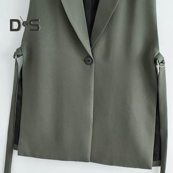 Women Vest Coat Turn Down Collar Sleeveless Loose Solid Color Single Button Cardigan Strap Decor Mid Length Commute Formal Suit Waistcoat