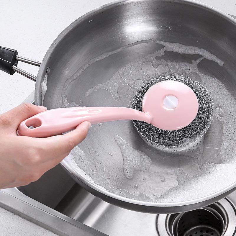 Kitchen Hanging Pan Brush Long Handle Oil Cleaning Brush with Steel Ball Scrub Dish Brush