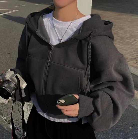 Women's Loose Fit Zip-Up Hooded Sweatshirt - Solid Color, Autumn/Winter 2025 Collection, Available In 6 Colors.