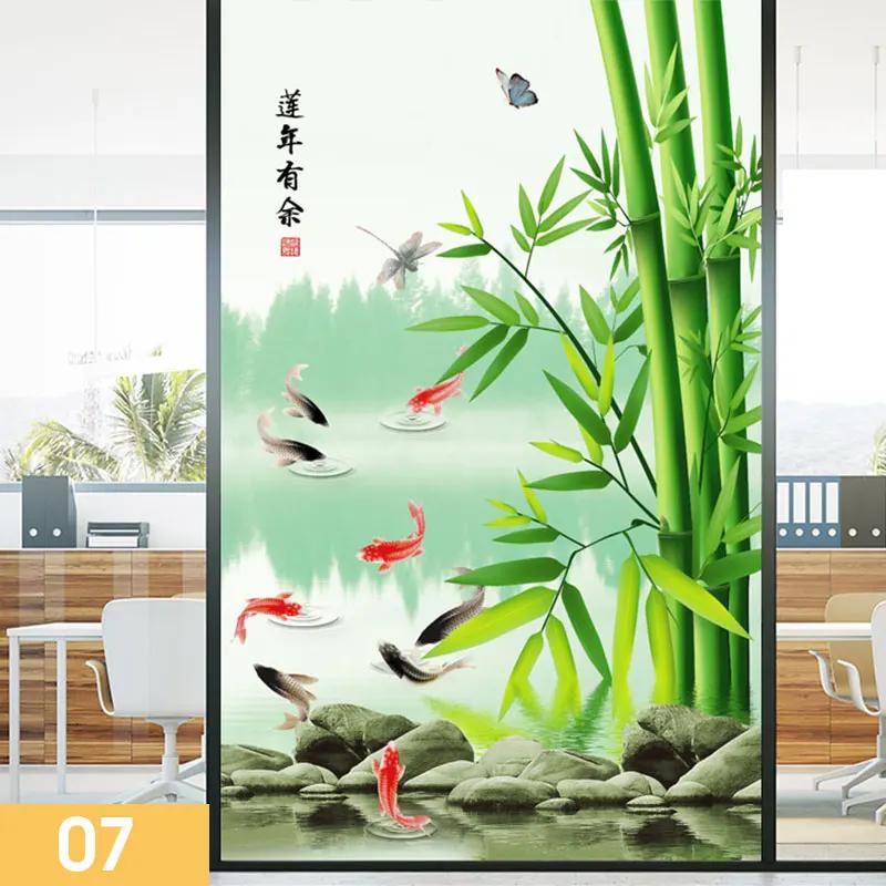 Retro Chinese Style Bamboo Pattern Window Film Green Bamboo Static Cling Glass Stickers Sliding Door Frosted Privacy Window Film