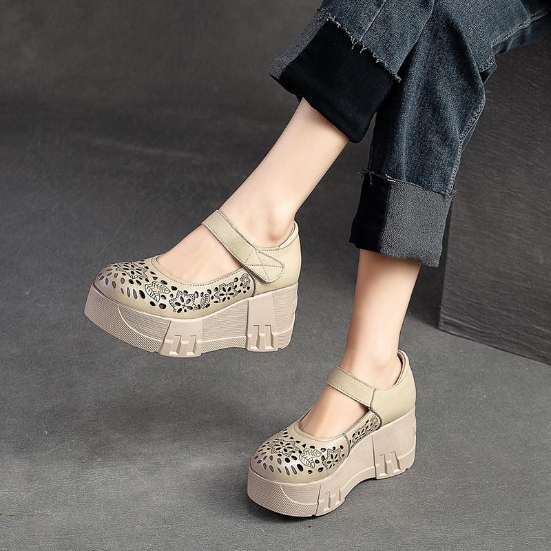 Johnature Туфли на платформе с толстой подошвой и круглым носком, женские винтажные удобные сандалии на танкетке из натуральной кожи