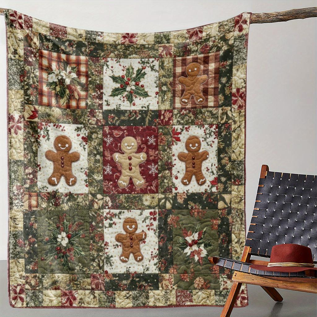 Рождественский фланелевый плед - Клетчатый дизайн со снеговиком и оленями, Теплый праздничный подарок для дома