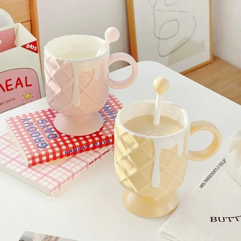 JUSTINLAU Ceramic Mug Cartoon Ice Cream Bear Flower Bird Water Cup Portable Breakfast Coffee Milk Oat Cups Home Office Drinkware