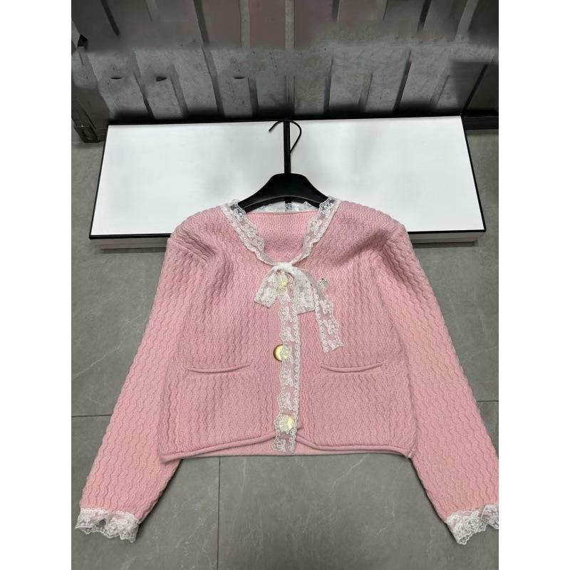 Xiangjia 2025 Winter Lace Butterfly Knit V-Neck Patchwork Cardigan