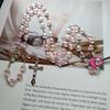 Pink Love Heart Rosary Beads Necklace Virgin Mary Christ Jesus Cross Pendant Necklace For Women Men Catholic Jewelry Gift