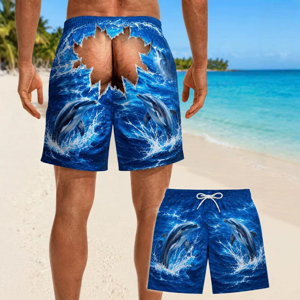 Summer men's surfing shorts with fun shark print, ripped design, exposed butt, elastic waistband with drawstring, men's beach shorts