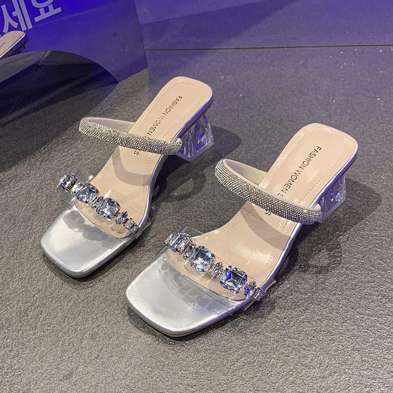 Модные прозрачные босоножки на каблуке Летние новые с квадратным носком и открытым носком, с хрустальной линией, противоскользящие износостойкие шлепанцы на высоком каблуке
