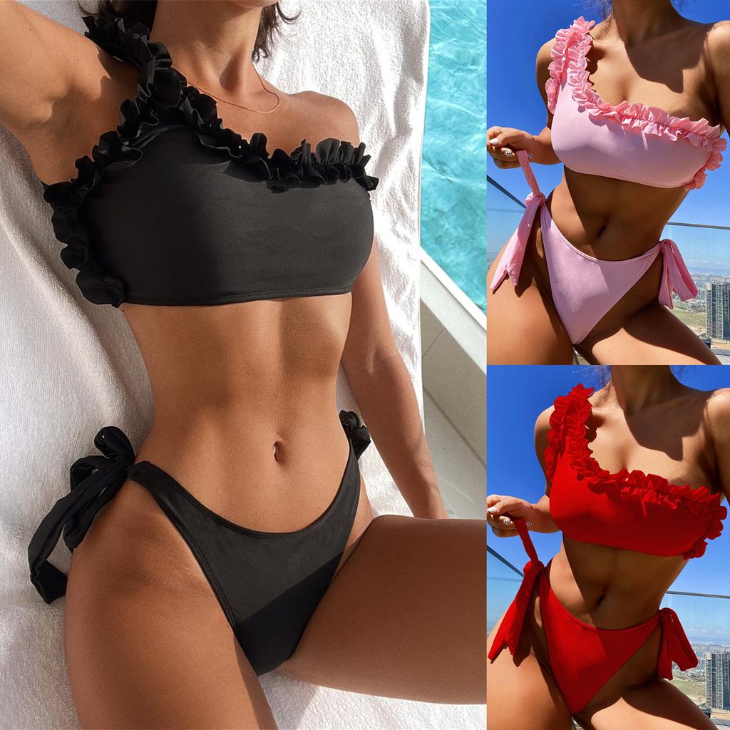 Women's Swimsuit Solid Color One Shoulder Lace Sexy Bikini Side Tie Thong Brazilian Beachwear Bathing Suits