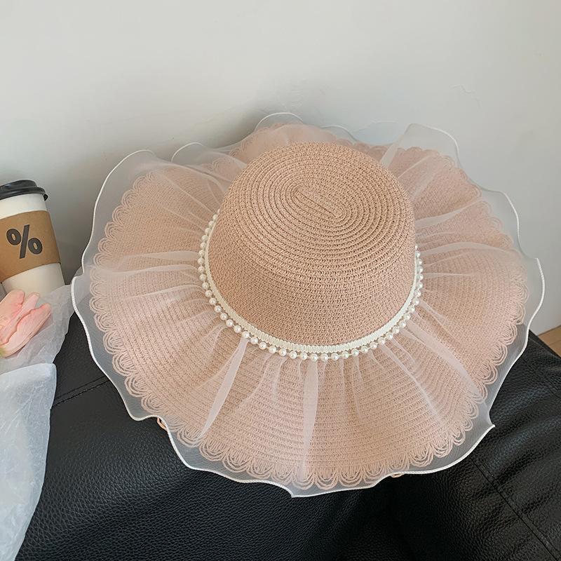 Кружевная соломенная шляпа, Женская, Летняя с широкими полями, Для улицы, Защита от УФ-лучей, Плетеная из соломы, Солнечная шляпа, Пляжная шляпа у моря