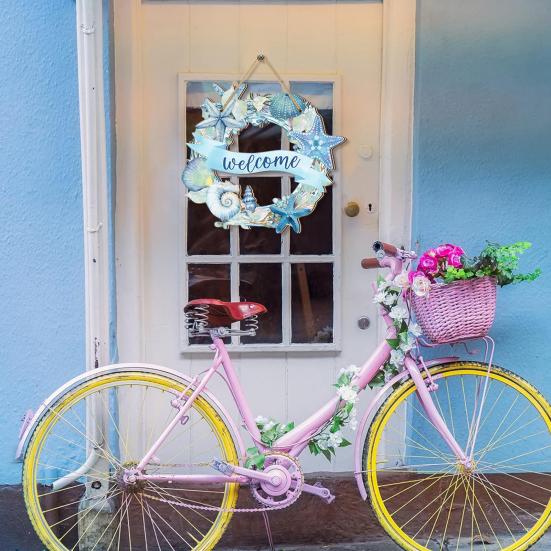 Door Sign Watercolor Starfish Seashells Design Wooden Beach Decor with Hanging Rope Waterproof Outdoor Indoor Seaside Entrance Sign Home Accent