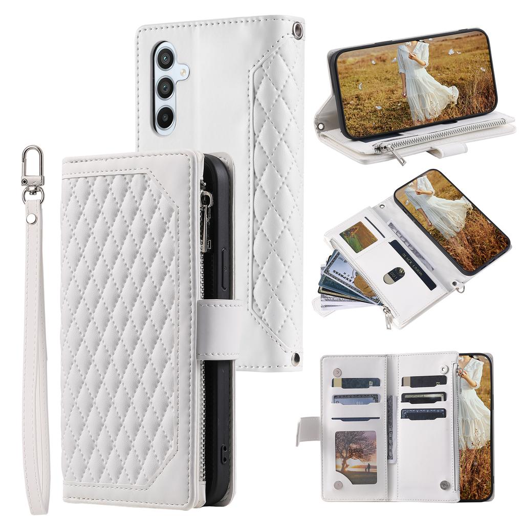 For Samsung Galaxy S25 FE Wallet Case Rhombus Stitching Line PU Leather Phone Cover with Wrist Strap