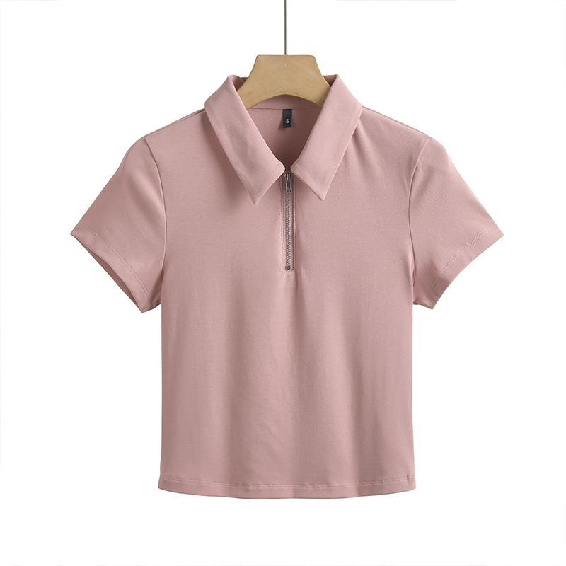 Женская короткая футболка облегающего кроя с застежкой-молнией и лацканами из эластичного хлопка, удобная и модная, с короткими рукавами