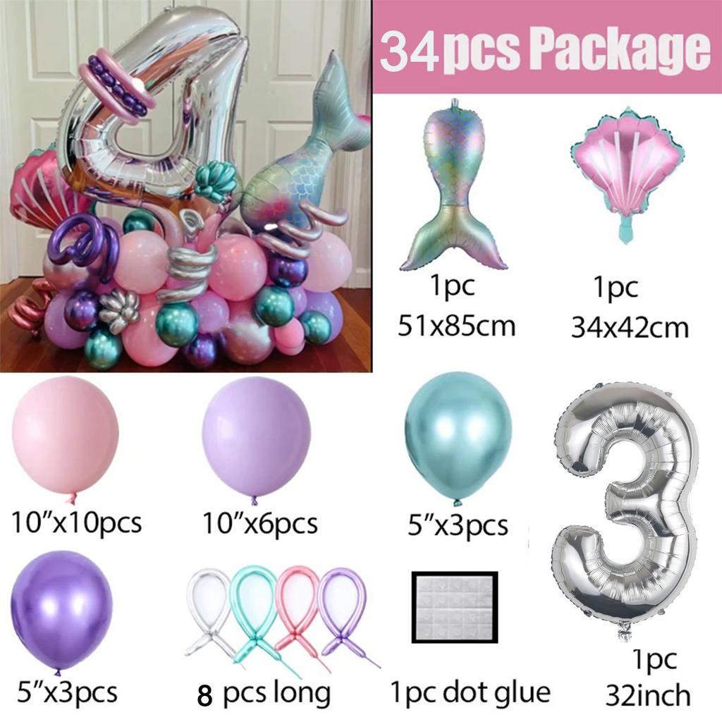 34 шт. воздушные шары с хвостом русалки, розовый, фиолетовый, воздушный шар из фольги с номером, детские украшения для дня рождения, вечерние шары с русалочкой