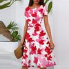 Женское повседневное модное платье миди А-силуэта с круглым вырезом, плиссированными короткими рукавами и цветочным принтом
