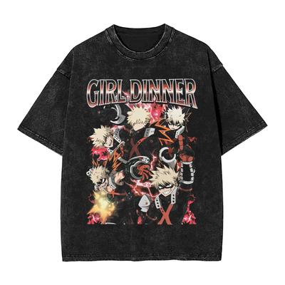 Mens Summer Washed Pure Cotton T Shirt with My Hero Academia Comic Print Streetwear Suitable for Casual Occasions