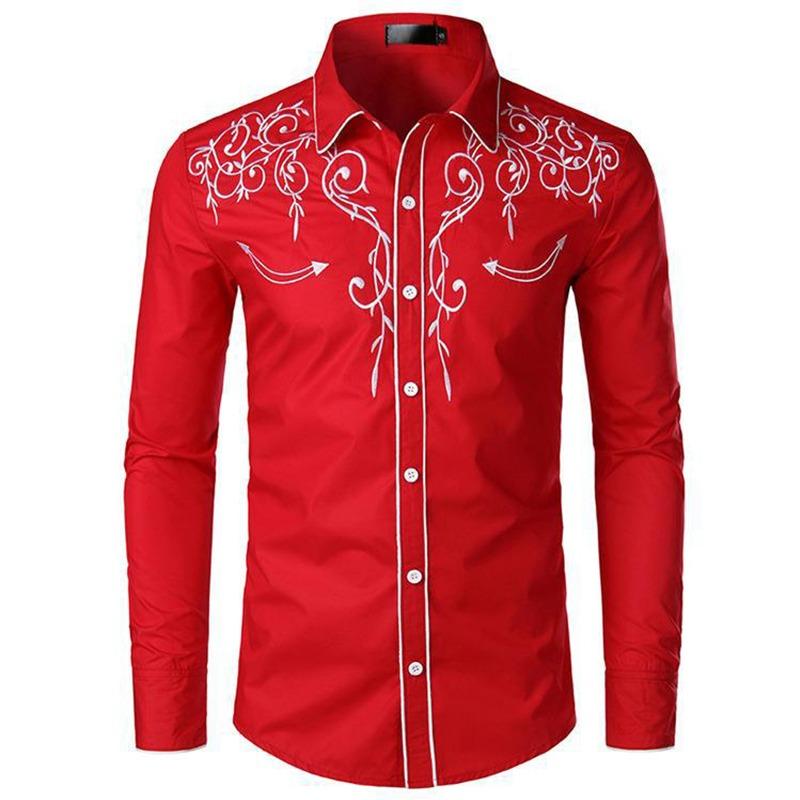 Mens Western Cowboy Shirt Long Sleeve Retro Embroidery Casual Buttons Down Shirt