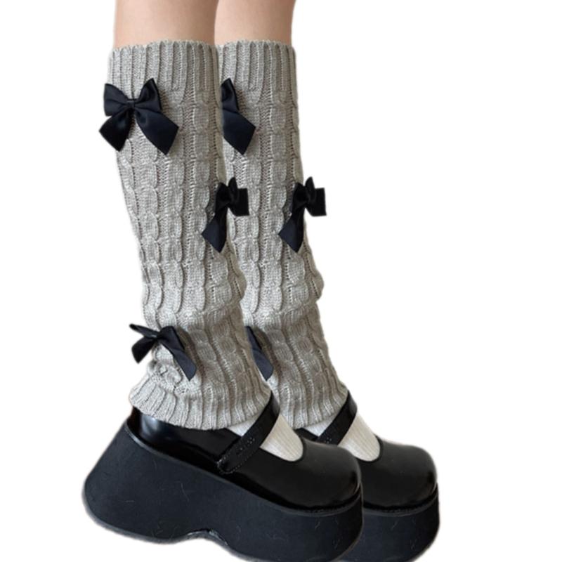 Womens Girls Japanese Cable Knitted Stretch Leg Warmers Sweet Bowknot Accent Leg Covers Footless Boot Socks Streetwear