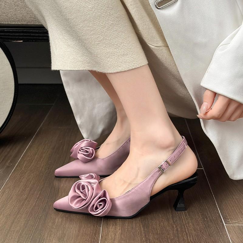 Fashion Flower Fashion Women's Pointed Toe High Heels 2024 Luxury Brand Slingback Women's High Heels Women's Slippers Sandals
