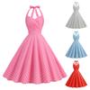 Women Evening Dress Vintage Contrast Color Dot Print A-line Big Swing Slim Wasit Sleeveless Backless Halter Neck Pleated Princess Style Midi Dress