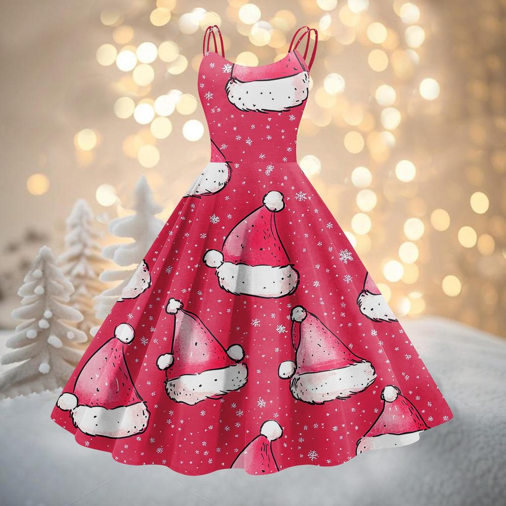 Women's Fashion Christmas Printed Sexy Strapless Gothic Cocktail Dress Punk, Vintage Dress