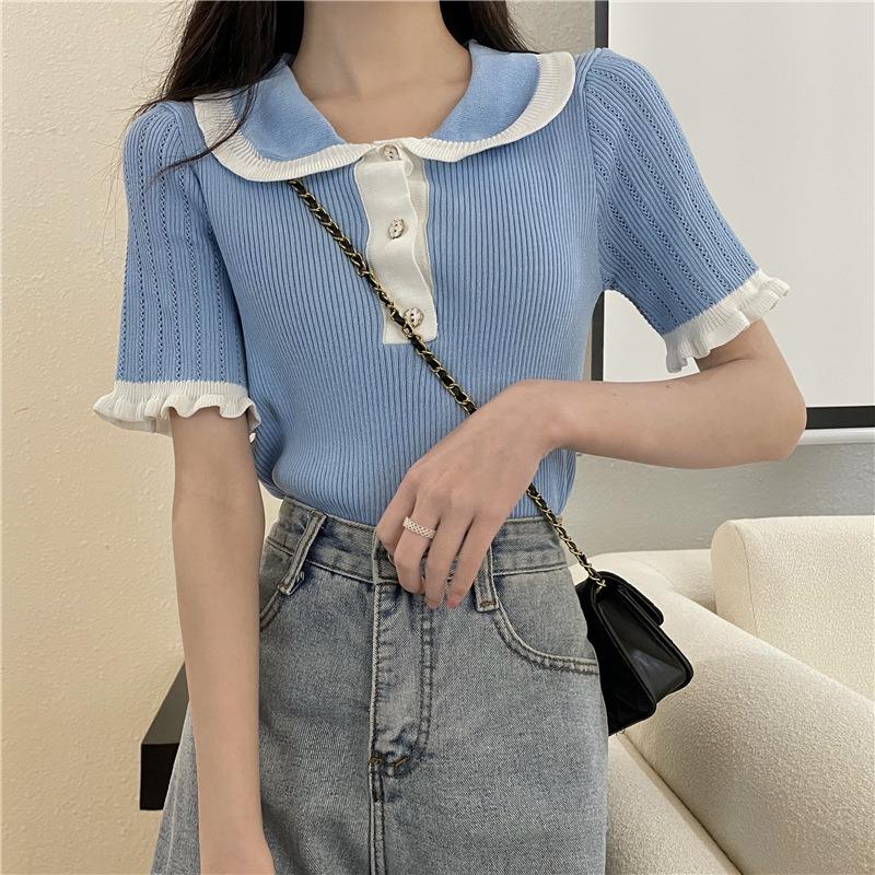 Женский свитер с лацканами в стиле колор-блок на весну и лето, новый милый дизайн с деревянными ушками, тонкий топ с короткими рукавами