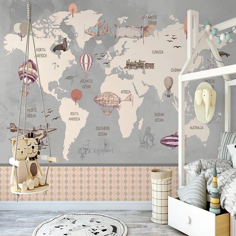Retro World Map Large Mural Hand Painted Airplane Hot Air Balloon Children Room Boys Room Bedroom Photo Wallpaper Decor
