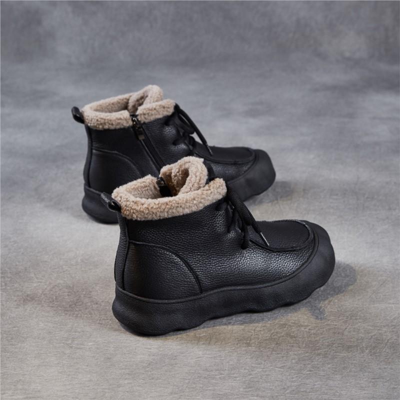 Johnature Retro Genuine Leather Plush Warm Women's Short Boots Soft Soled Round Toe Versatile Cotton Shoes