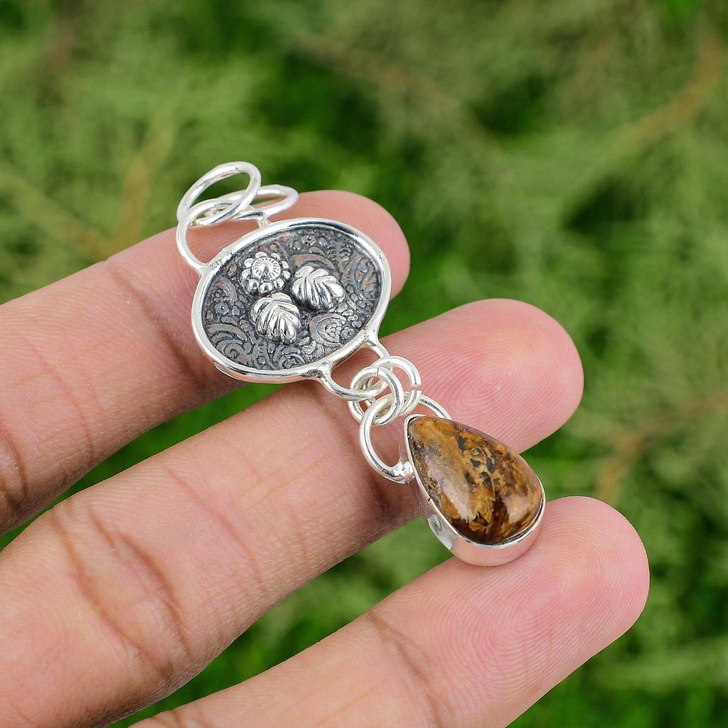 Daughters Day Deal Pear Golden Pietersite Gemstone 925 Sterling Silver Pendant