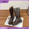 Soft Leather Mid-height Boots Western Cowboy Boots Women's Belt Buckle Korean Version Retro Knight Boots Brown Boots Over the Knee