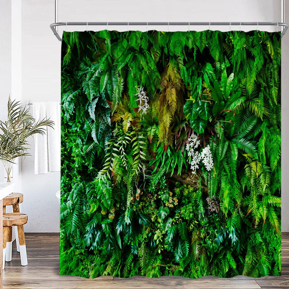 Natural Landscape Waterfall Forest Shower Curtain Scenery Green Leaves Plants Bathroom Decor Polyester Bath Curtain for Home