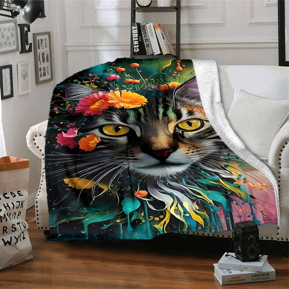 1pc Floral Cat Artwork Blanket Lightweight Blanket Throw Blanket For Sofa, Bed, Travel, Camping, Livingroom, Office, Couch, Chair yy251010083