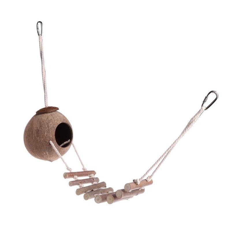 Natural Coconut Shell Parrot Nest & Swing Toy - Warm Tiger Skin Design