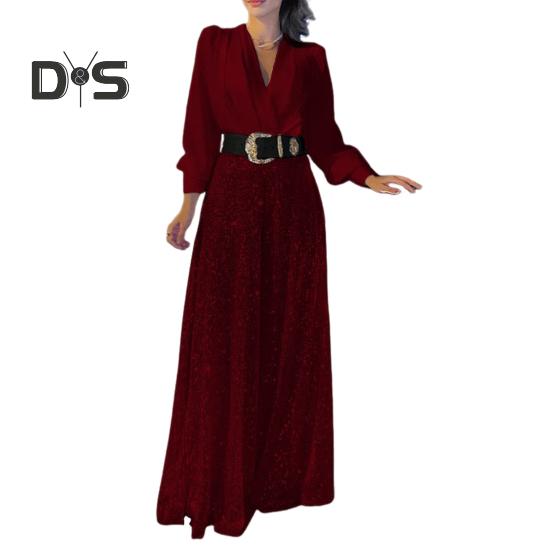 Women Jumpsuit Wide Leg Shiny Sequin Deep V Neck Long Lantern Sleeve Tight High Waist with Belt Solid Color Prom Cocktail Party Wedding Fake Dress